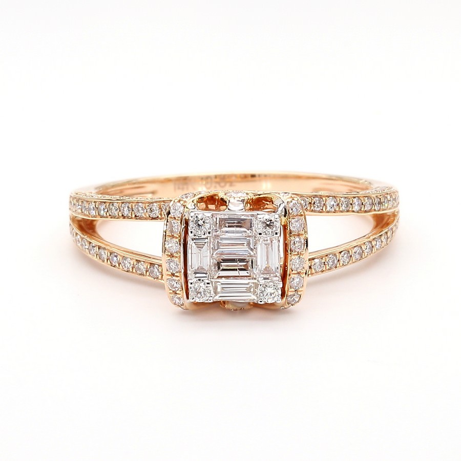 14K Gold Baguette & Round Cluster Engagement Ring